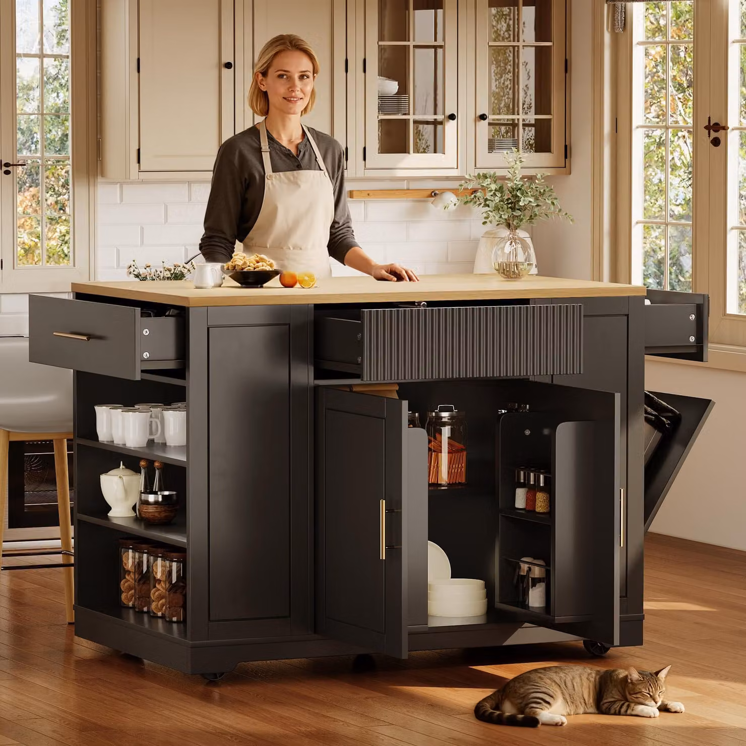 okwish Mobile da cucina a isola con vano portarifiuti e rotelle, carrello di servizio Carrello da cucina con ripiani regolabili e 3 cassetti, nero