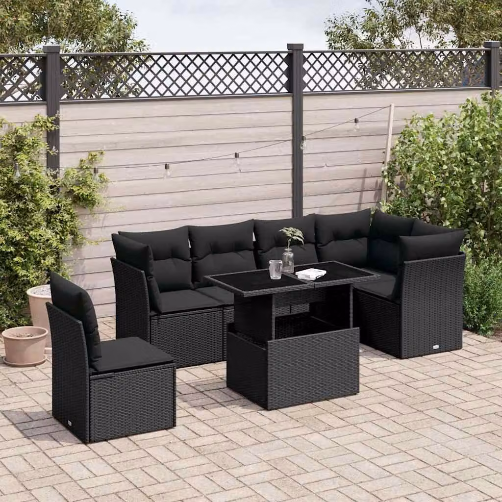 vidaXL Set Divani da Giardino a L con Cuscini 7pz Nero in Polyrattan e Acciaio – 1