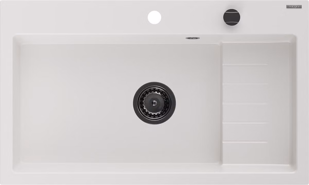 Mexen Omar lavello in granito a 1 vasca 800 x 480 mm, bianco, sifone nero - 6520801005-20-B