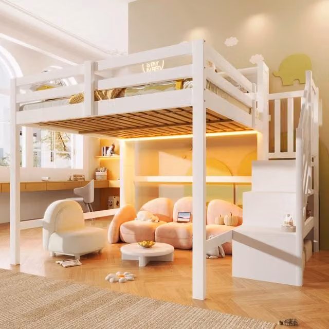 Letto a soppalco 140x200 cm con luci LED; scala contenitore e barriera; struttura in pino; MDF e compensato; bianco