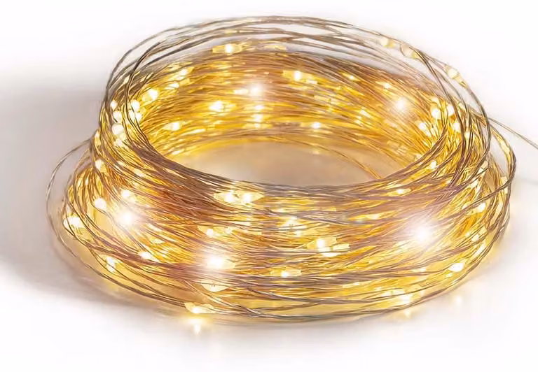Catena luminosa a LED, 200 LED, 20 metri, filo argentato, alimentazione USB, con timer