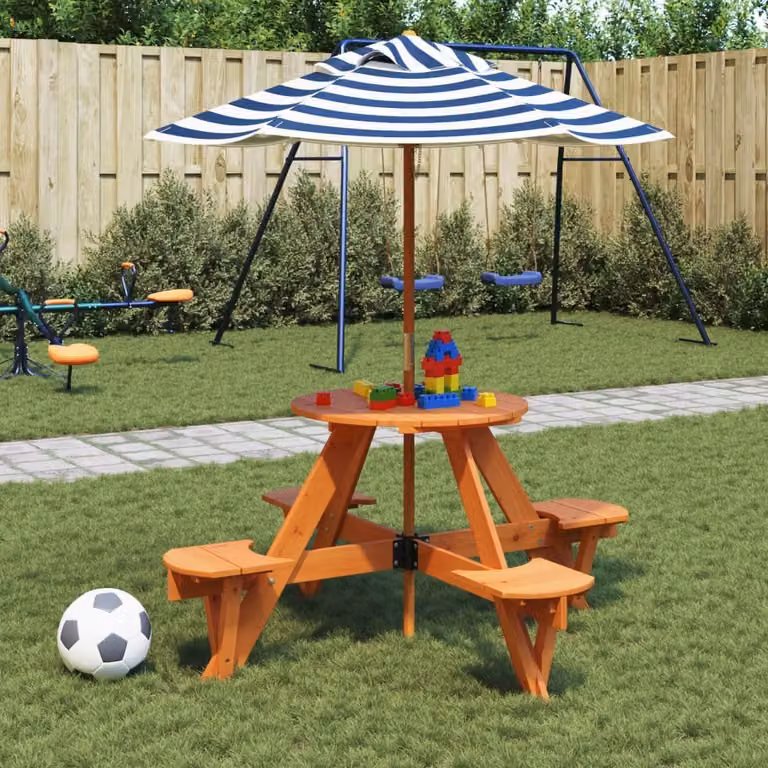 Maison Exclusive - Tavolo da picnic per 4 bambini con ombrellone rotondo in legno di abete