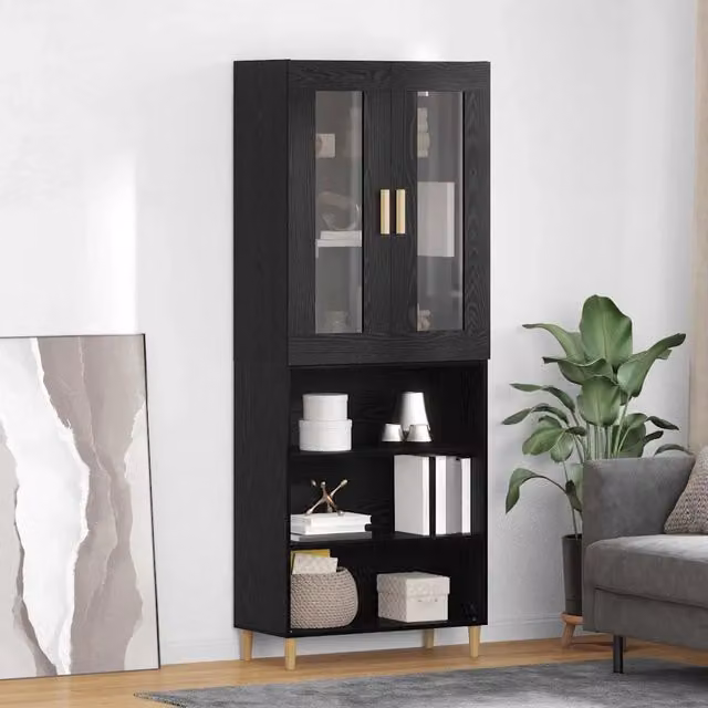 Credenza Buffet Armadio da Cucina e Soggiorno vidaXL in Legno e Vetro Nero Moderno L: 69,5 cm, P: 34 cm, H: 180 cm – 1