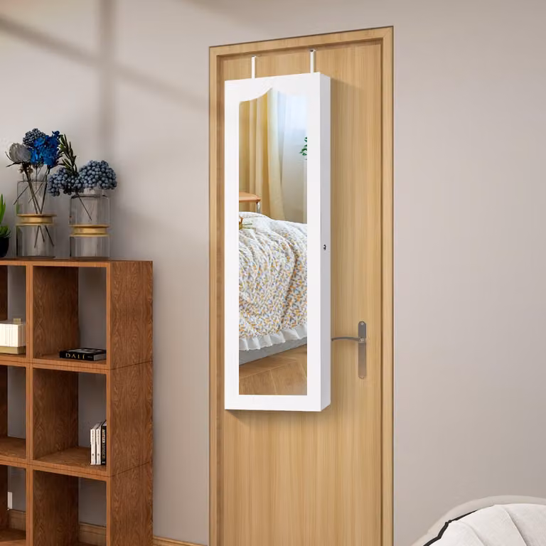 Armadio portagioielli con specchio e 5 luci LED Costway, organizer da parete con 6 cassetti in MDF, Bianco
