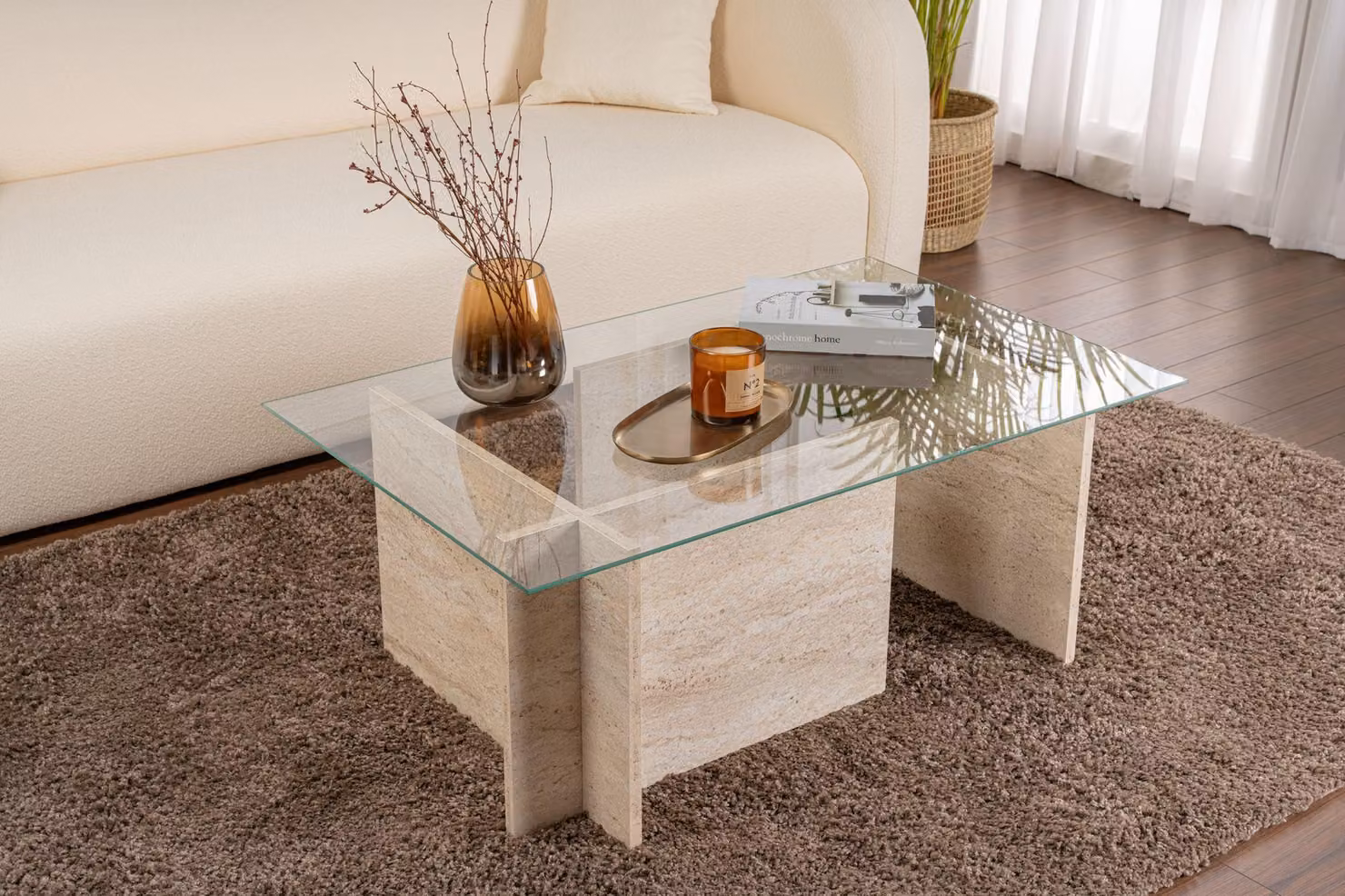 Skye Decor, Vetrino - Travertino, tavolini, travertino, vetro, 105 x 40 x 65 cm