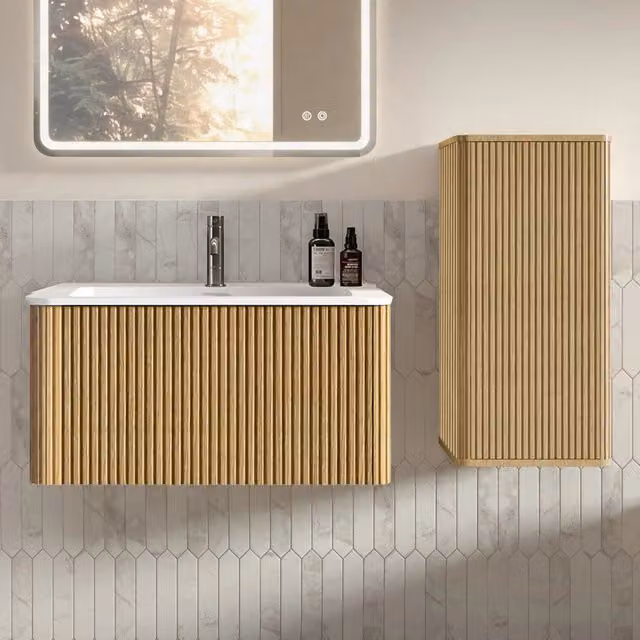 Set mobili soggiorno con mobile lavabo e armadio laterale in MDF e rovere bianco