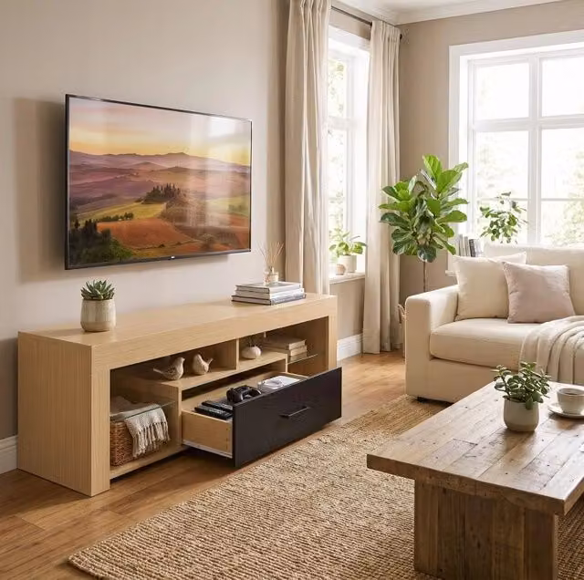 Mobile TV basso 140x40x45 cm in legno ingegnerizzato rovere, vano aperto –
