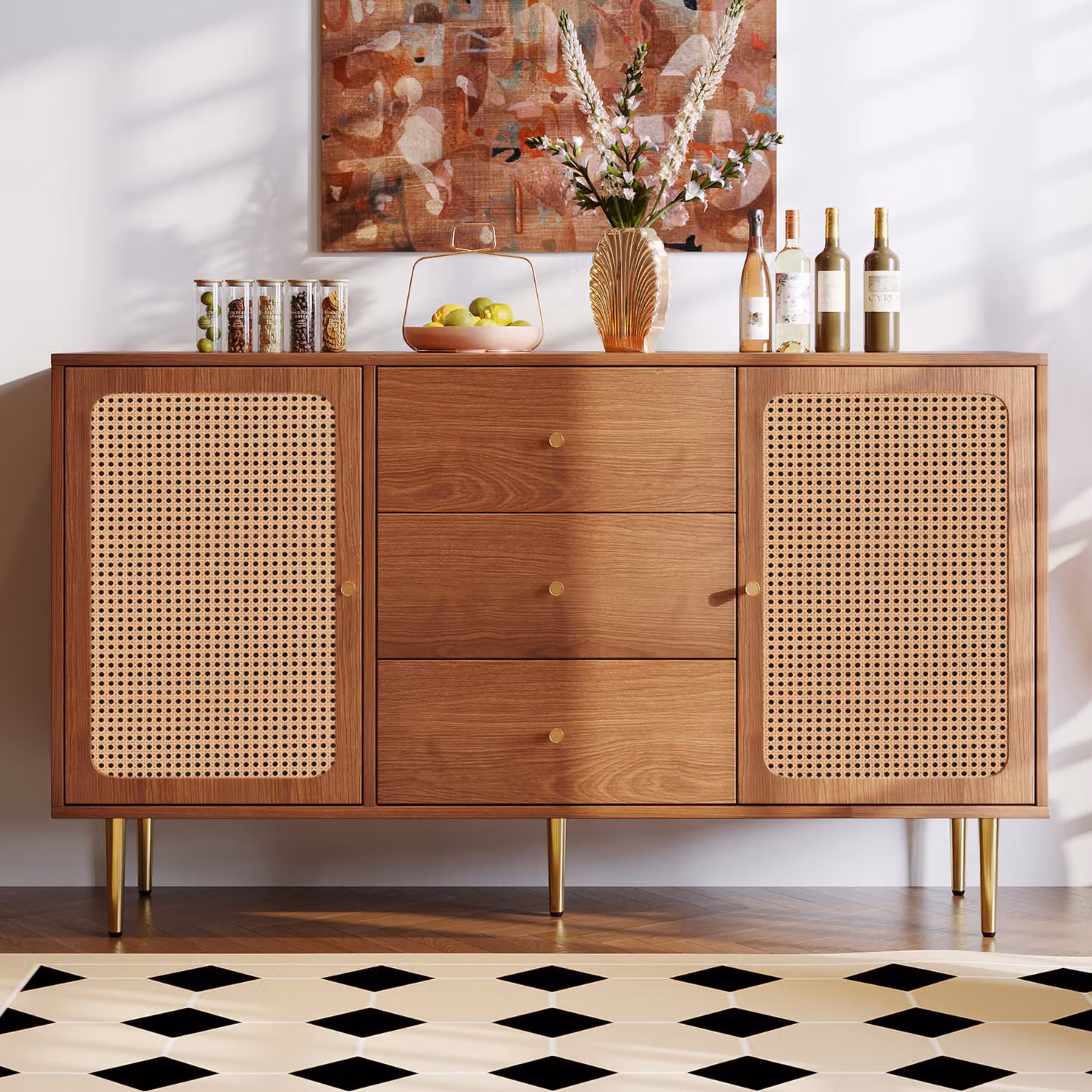 Flieks credenza cassettiera con 3 cassetti e 2 ante con ripiani regolabili, mobili soggiorno rattan legno massiccio 150*40*90cm