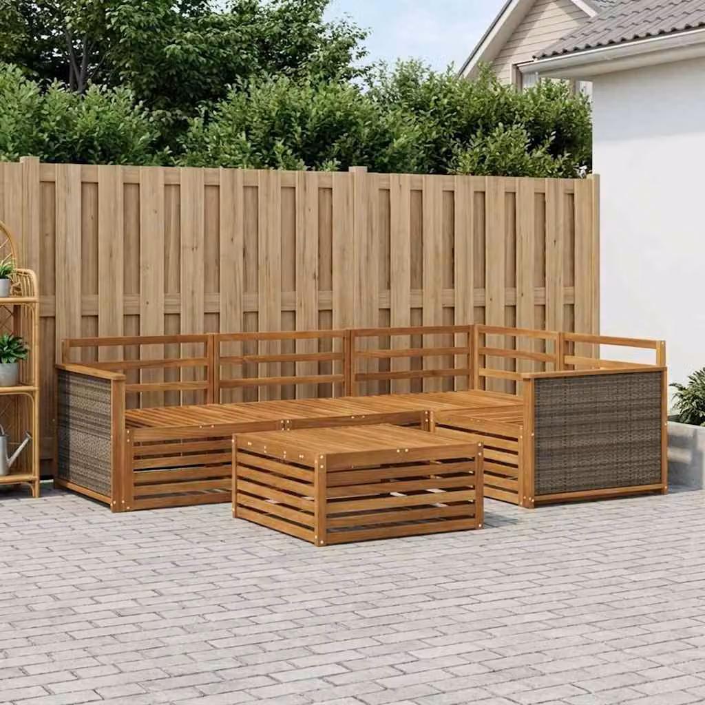Set di divani da esterno vidaXL in legno di acacia massello marrone con tavolo da caffè e cuscini inclusi, design moderno a forma di L