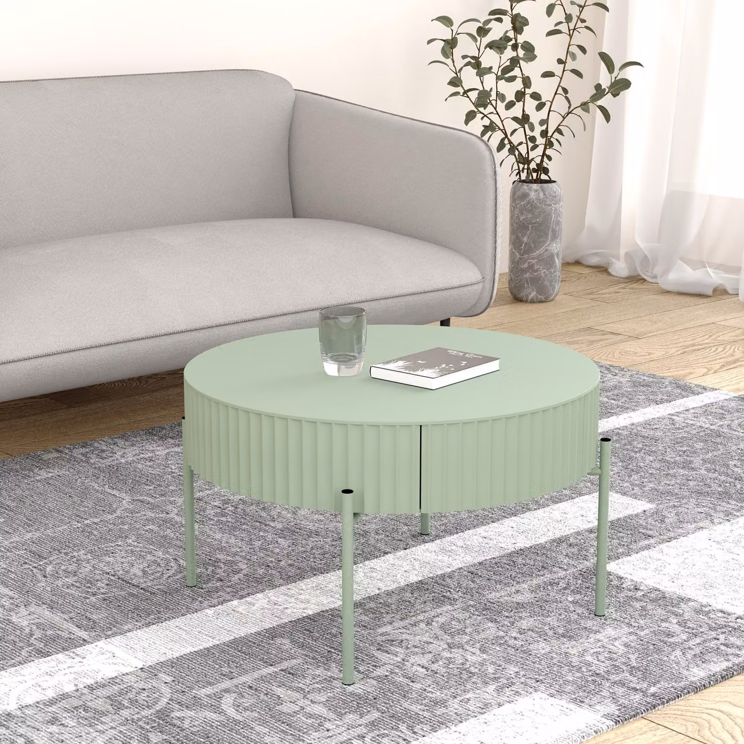 Tavolino 'Rill' con cassetto gambe rotonde in metallo 36 x Ø60 cm verde menta