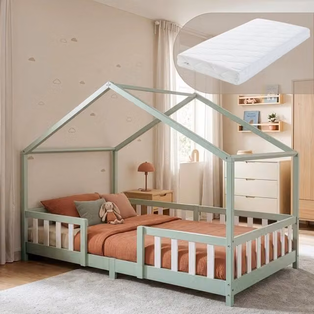 Letto per Cameretta Treviolo a Forma di Casetta in Stile Montessori con Materasso 140x200 cm - Menta Verde/Bianco [en.casa]