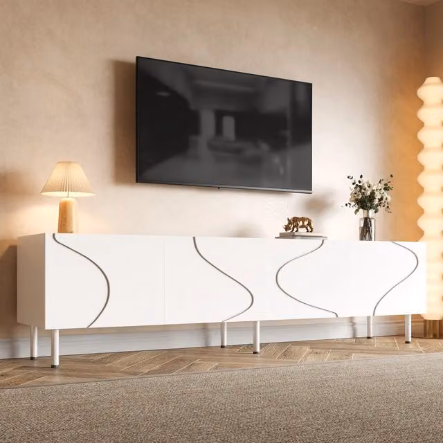 Mobile TV moderno SINGULARTY bianco con ante ad apertura a pressione in MDF e gambe in metallo
