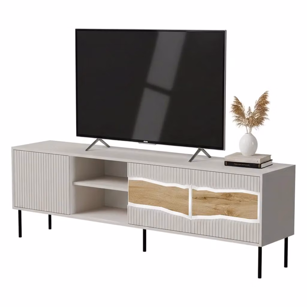 Mobile porta TV DMORA Luvinate moderno con 2 ripiani e illuminazione integrata, Beige, L: 190 cm, P: 40 cm, H: 61.5 cm – 2