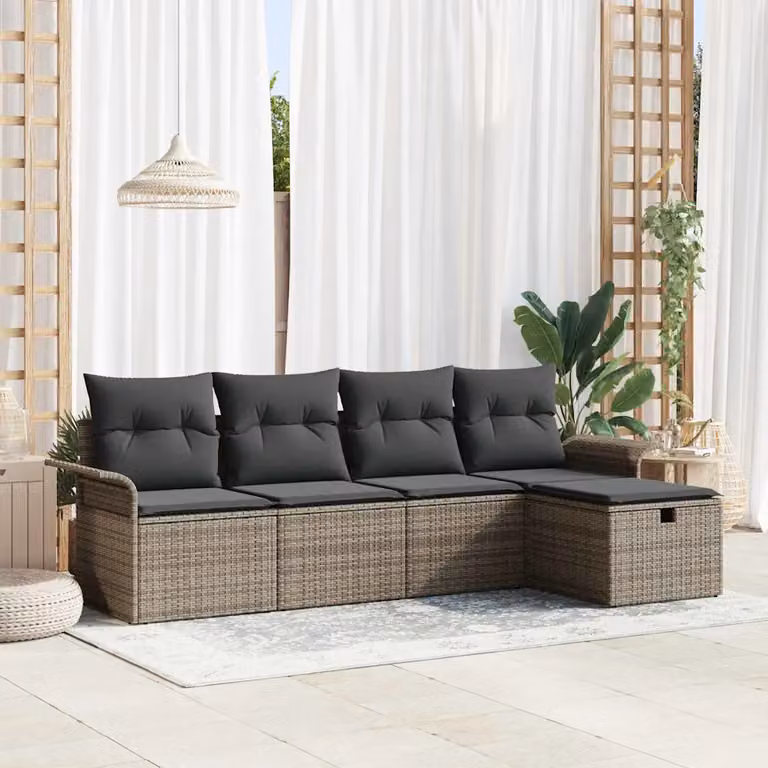 Set Divano da Giardino a L vidaXL in Polyrattan Grigio con Cuscini e Tavolino da Esterno