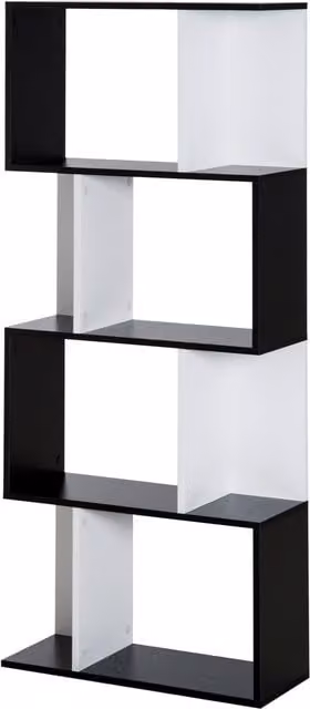 Libreria HOMCOM a forma di S con 4 mensole, design moderno nero e bianco, L: 60 cm, P: 24 cm, H: 148 cm