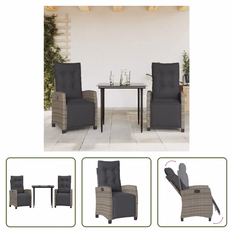 The Living Store Set da pranzo da giardino in 3 pezzi con cuscini in poly rattan grigio