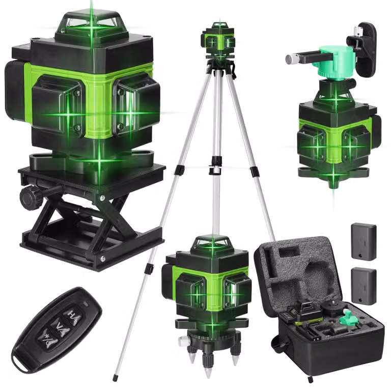 Livella laser 4D a 16 linee, con autolivellamento ±3°, resistente all'acqua (grado di protezione IP54), con spina europea verde
