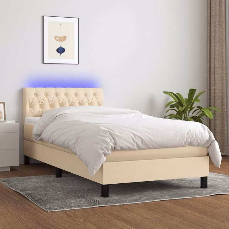 Letto a Molle con Materasso vidaXL in Tessuto con Illuminazione LED e Porta USB, Beige/Bianco, L 90 cm x P 200 cm