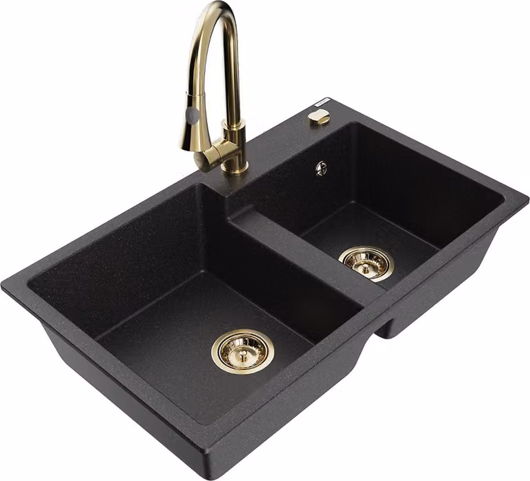 Mexen Tomas lavello in granito a 2 vasche con rubinetto da cucina Elia, nero/argento metallizzato - 6516-73-670101-50