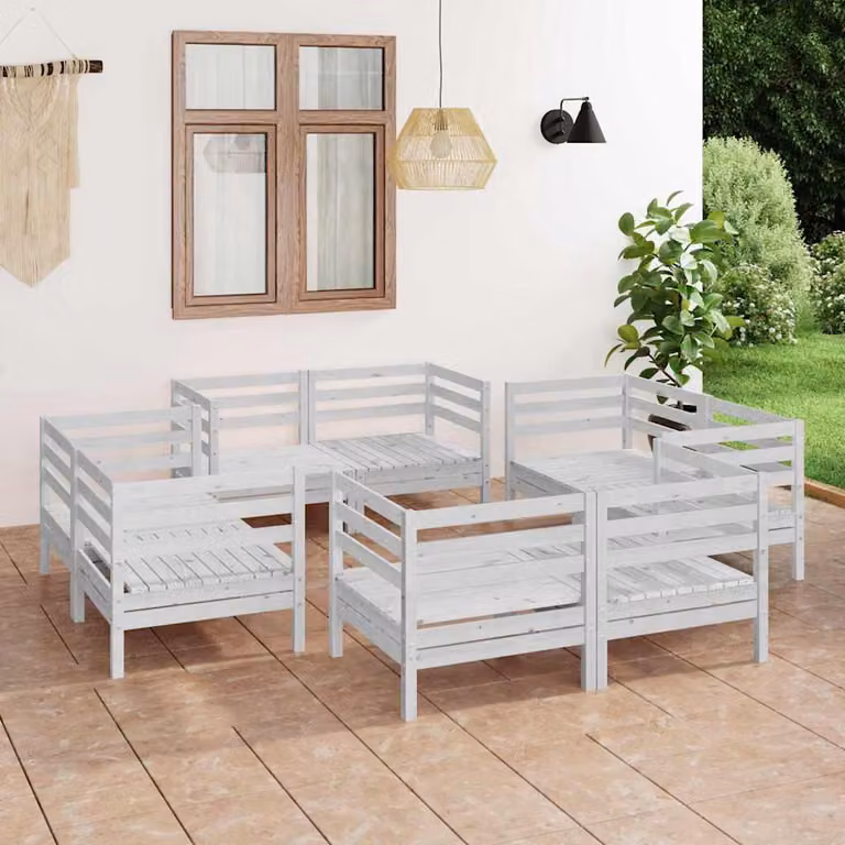 Set di divani da giardino vidaXL 8 pz in legno di pino bianco con cuscini e configurazione a L