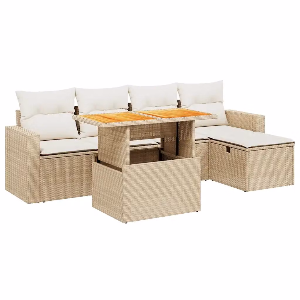 Set Divano da Giardino a L vidaXL in Polyrattan con Cuscini Beige e Tavolino da Caffè, 6 Pezzi – 2