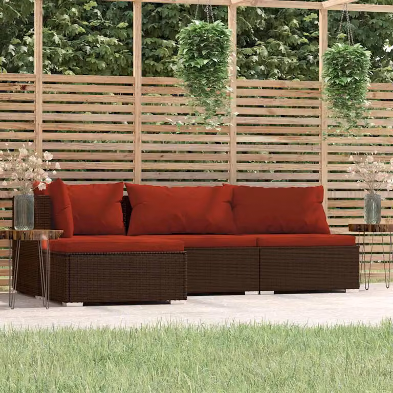 Set di divani da giardino vidaXL a forma di L composto da 4 pezzi con cuscini e pouf in rattan marrone e struttura in metallo con coperture rimovibili