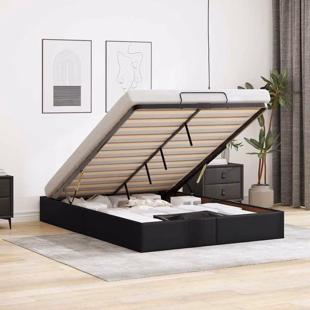 Struttura Letto con Contenitore a Sollevamento vidaXL in Similpelle Nera, L 140 x P 200 x H 28 cm – 1