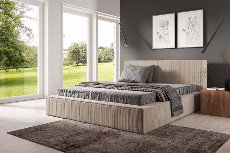 Letto imbottito Sofello Simple, forma moderna, FILO, color crema, 180x200, realizzato in tessuto di velluto a coste con struttura a doghe metalliche. Design moderno in colori di tendenza, con vano contenitore.