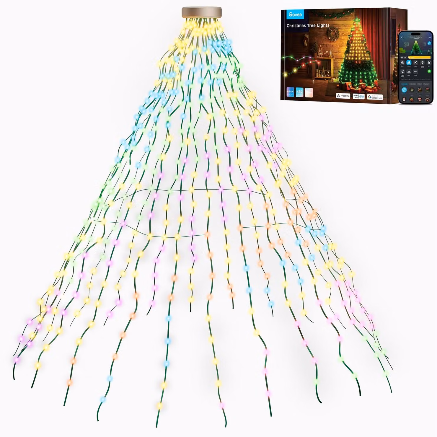Illuminazione per albero di Natale, 480 LED, 24 fili da 2 metri, RGBIC, grado di protezione IP65, smart, colore verde
