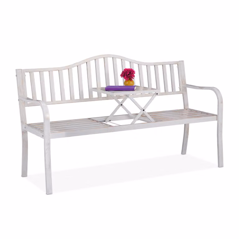 Panchina da giardino Relaxdays con tavolino ribaltabile, 3 posti, da giardino, in metallo, per balcone, L x P x A 89 x 150 x 58,5 cm, bianco-bronzo