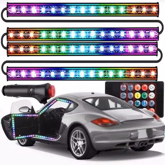 Set di luci a LED per interni auto, 4 lampade RGB, 48 LED, 8 colori, telecomando, impermeabile, facile da installare, illuminazione per auto.