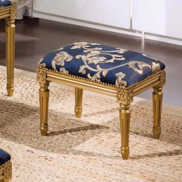 Panca imbottita in legno di faggio laccato con decorazioni floreali oro e blu Mobili 2G – 2