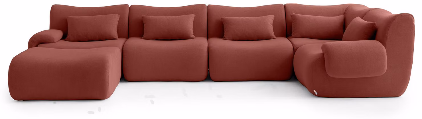 MILYSOFA SOFATIME: divano angolare modulare a 5 posti con chaise longue, raffinato tessuto a ricami, rosso terracotta