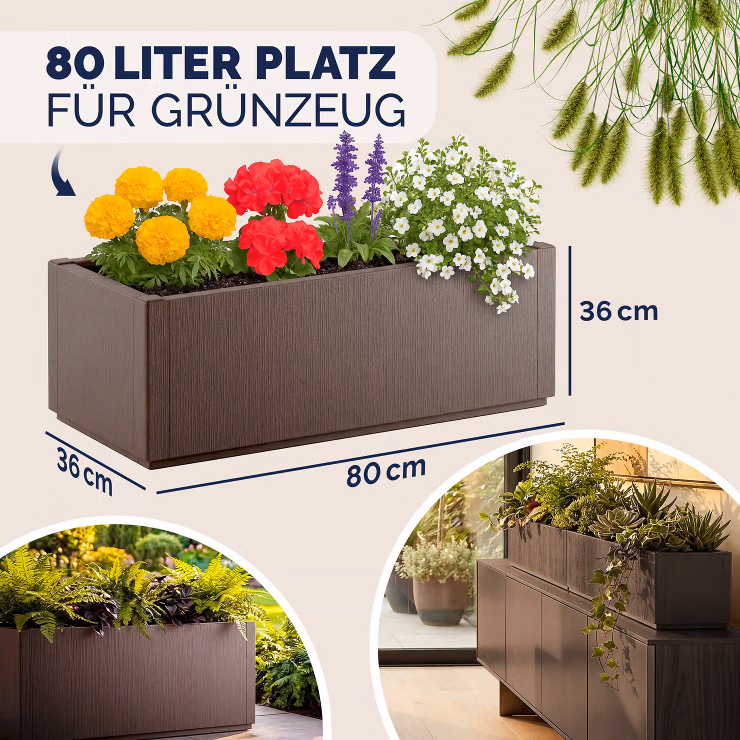 Vaso da fiori Ethica Casaria® in plastica marrone H: 80 cm, L: 36 cm, P: 36 cm – 2