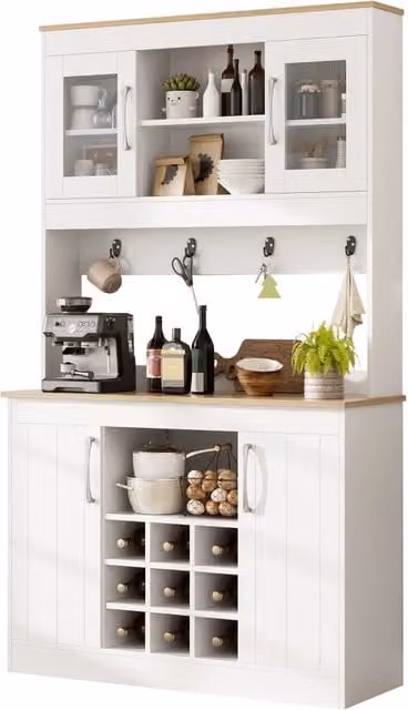 Credenza da cucina moderna con 2 ante in vetro, portabottiglie e ganci, finitura opaca bianca e beige, L: 106 cm, P: 39 cm, H: 175 cm – 1