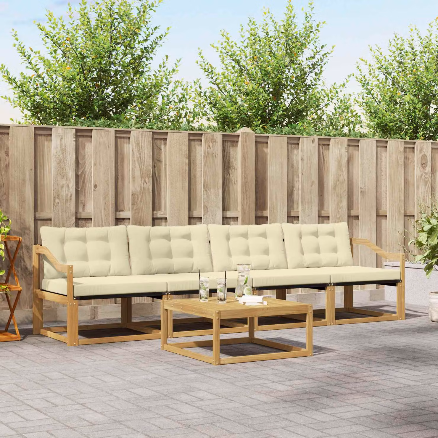 Set di divani da esterno vidaXL 5 pezzi in legno di acacia con tavolo da caffè, colore bianco, beige e marrone