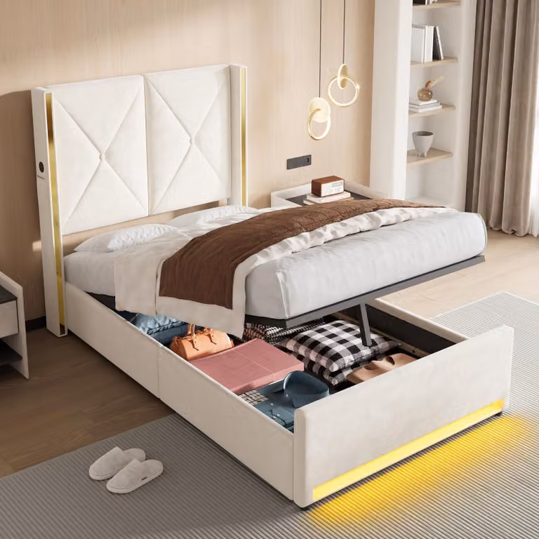 LVHOM Letto imbottito con contenitore, letto singolo con luci a LED, porte USB e tasche laterali, letto funzionale, 90x200 cm, beige