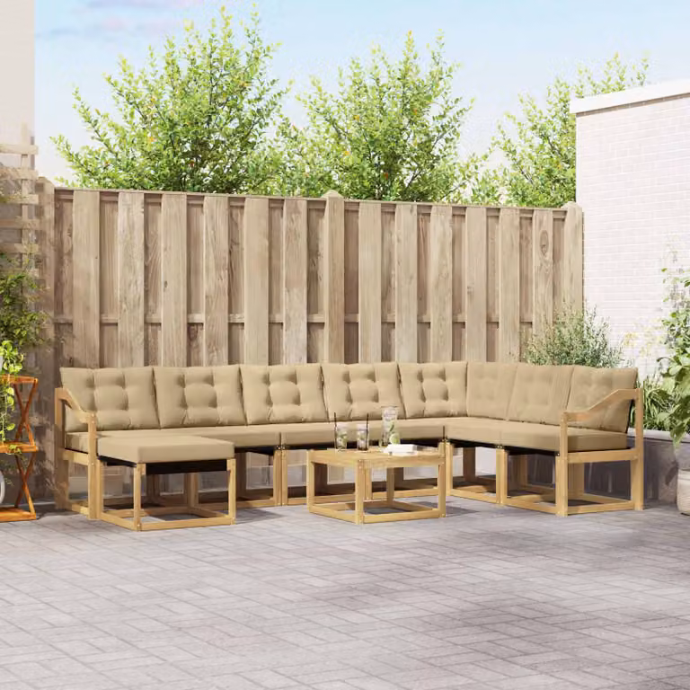 vidaXL Set di divani da esterno a forma di U composto da 9 pezzi in legno di acacia con cuscini in tessuto beige e bianco