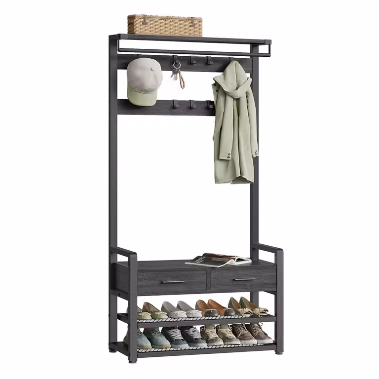 Appendiabiti da Ingresso con Ganci Rimovibili Cassetti Panca Scarpiera, Grigio Antracite + Nero Inchiostro