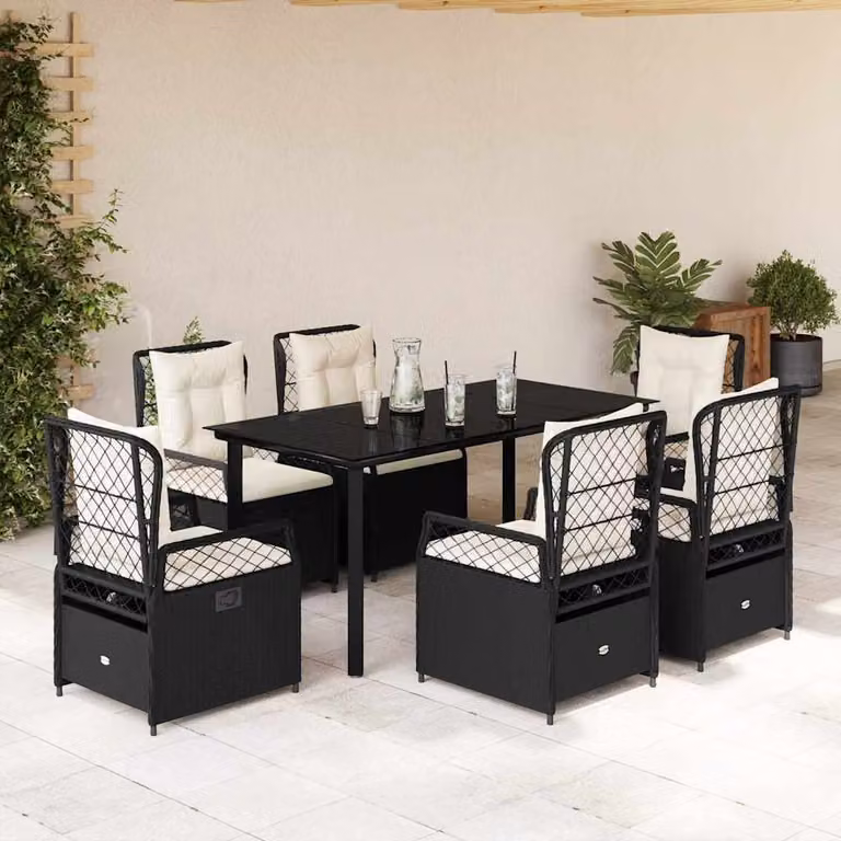 vidaXL Set da Pranzo da Giardino 7 pz in Polyrattan Nero con Cuscini e Tavolo in Vetro