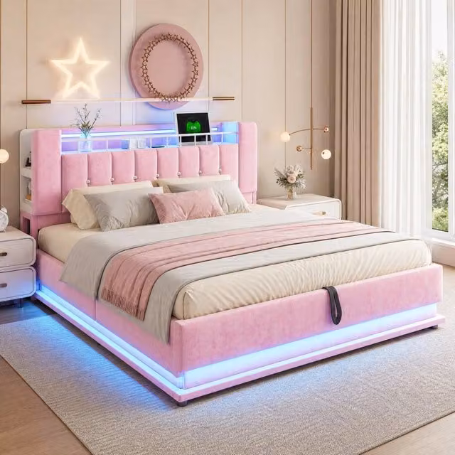 Letto imbottito 180x200 cm con LED, USB e contenitore idraulico, rivestimento in velluto rosa, struttura in metallo