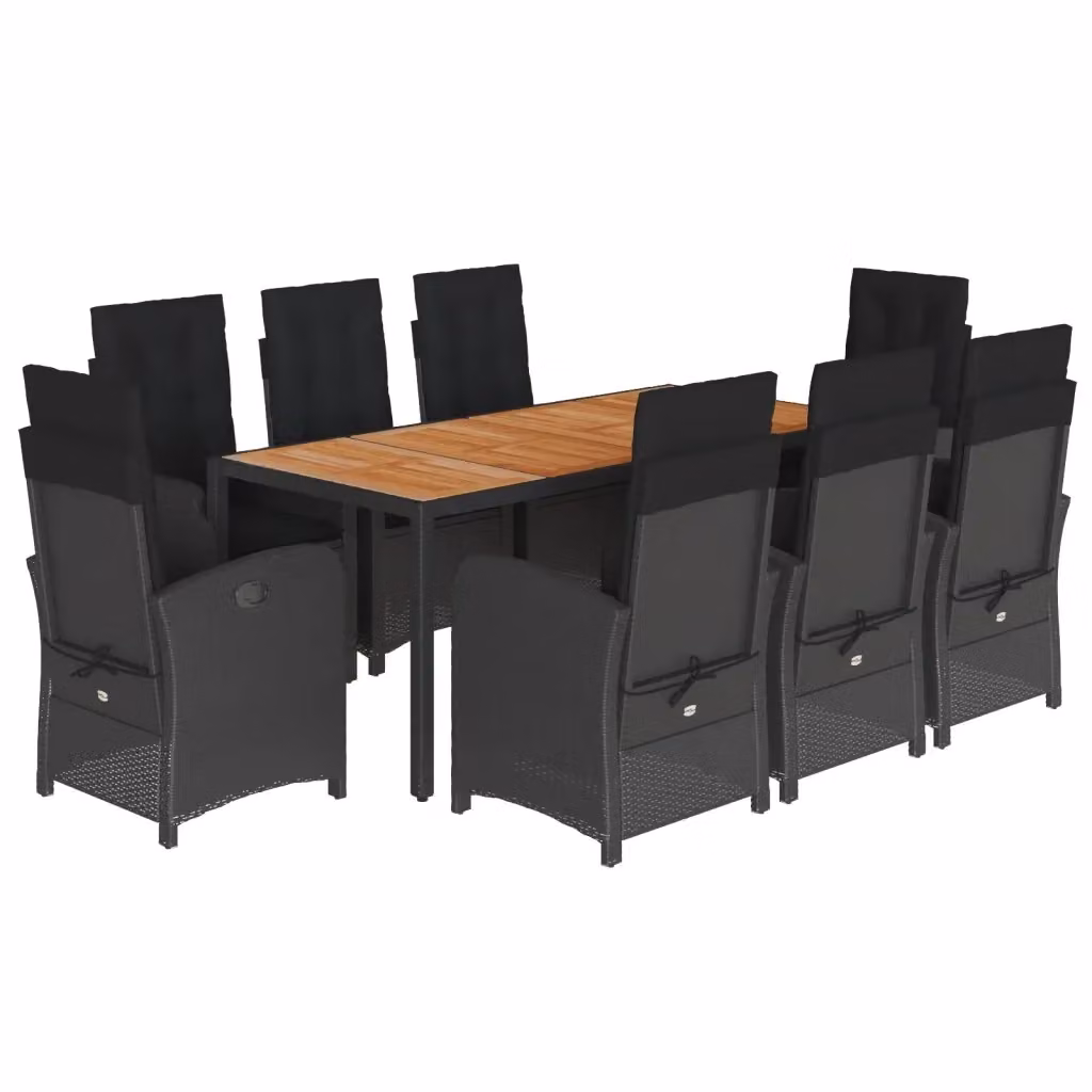 Set da Pranzo da Giardino vidaXL in Polyrattan e Legno di Acacia con Cuscini, Nero e Marrone – 2