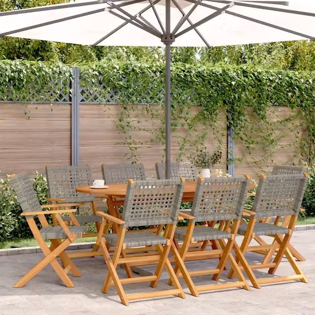 Set di 8 sedie pieghevoli e impilabili vidaXL in polyrattan grigio e legno di acacia oliato con braccioli e seduta in textilene per giardino e terrazzo – 1