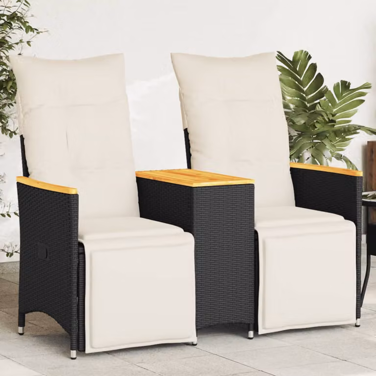 vidaXL Divano da Giardino Reclinabile a 2 Posti in Polyrattan Nero con Cuscini e Tavolino