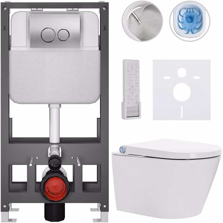 Water WC sospeso con bidet Basic/Cronus Premium - bianco lucido - pulsante WC Dualo/Argento - a pavimento - installazione a parete - 59,3x38,4 cm