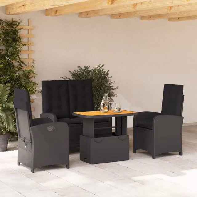 Set da Pranzo da Giardino 4 pz con Cuscini Nero in Polyrattan 3277335