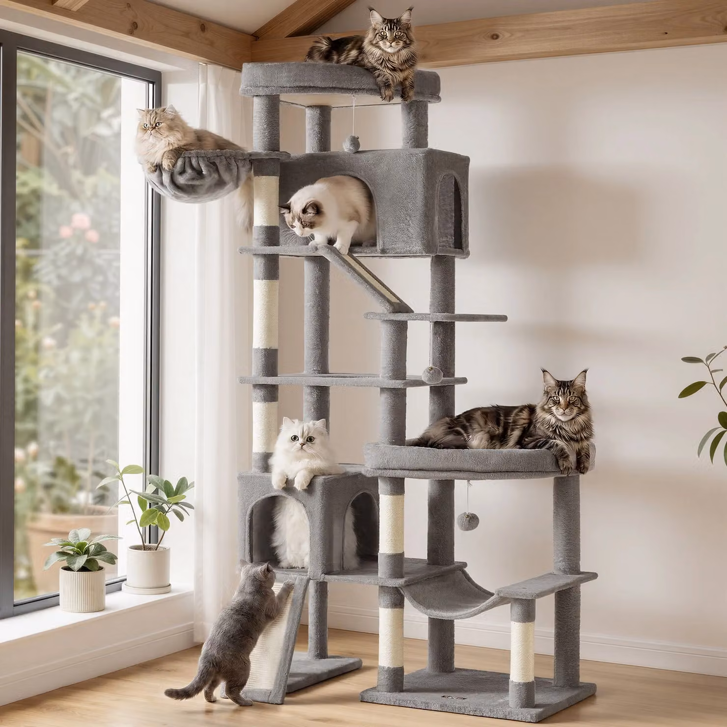 Albero tiragraffi per più gatti con sisal e aree di riposo, 133,5 x 67,5 x 202 cm / Grigio Tortora