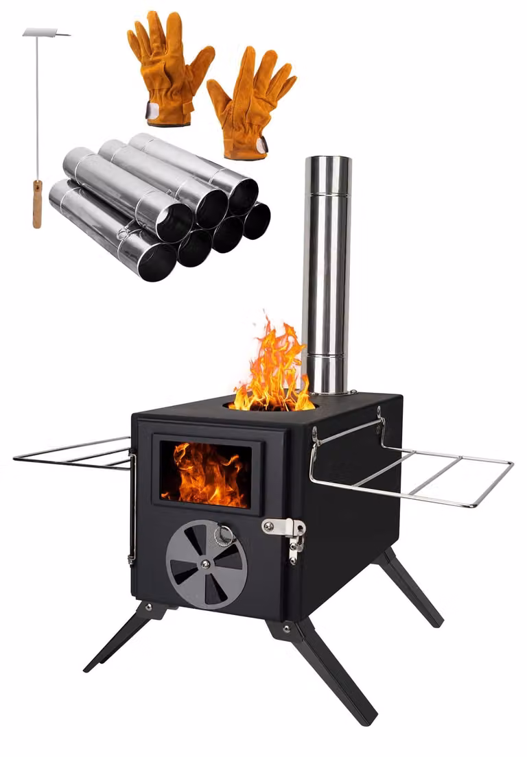 Stufa da campeggio portatile a legna - Potenza: 3500 Watt - Dimensioni: 39x19x30 cm - Acciaio inossidabile