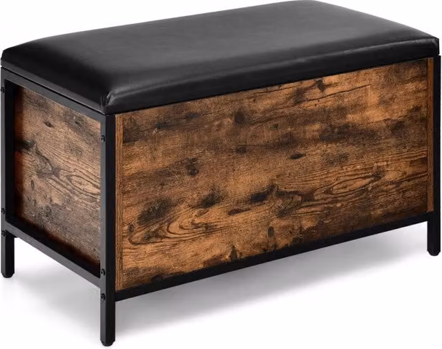 Panca da ingresso con coperchio in finta pelle nera e struttura in metallo, ideale come poggiapiedi o contenitore per camera da letto e soggiorno, L: 120 cm – 1