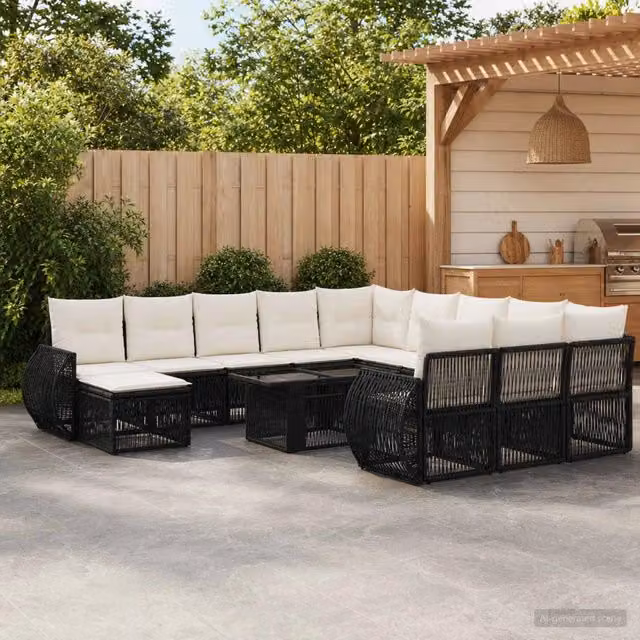 Set Divano da Giardino Moderno vidaXL in Polyrattan Nero e Bianco Crema con Tavolino e Ottoman 13 Pezzi